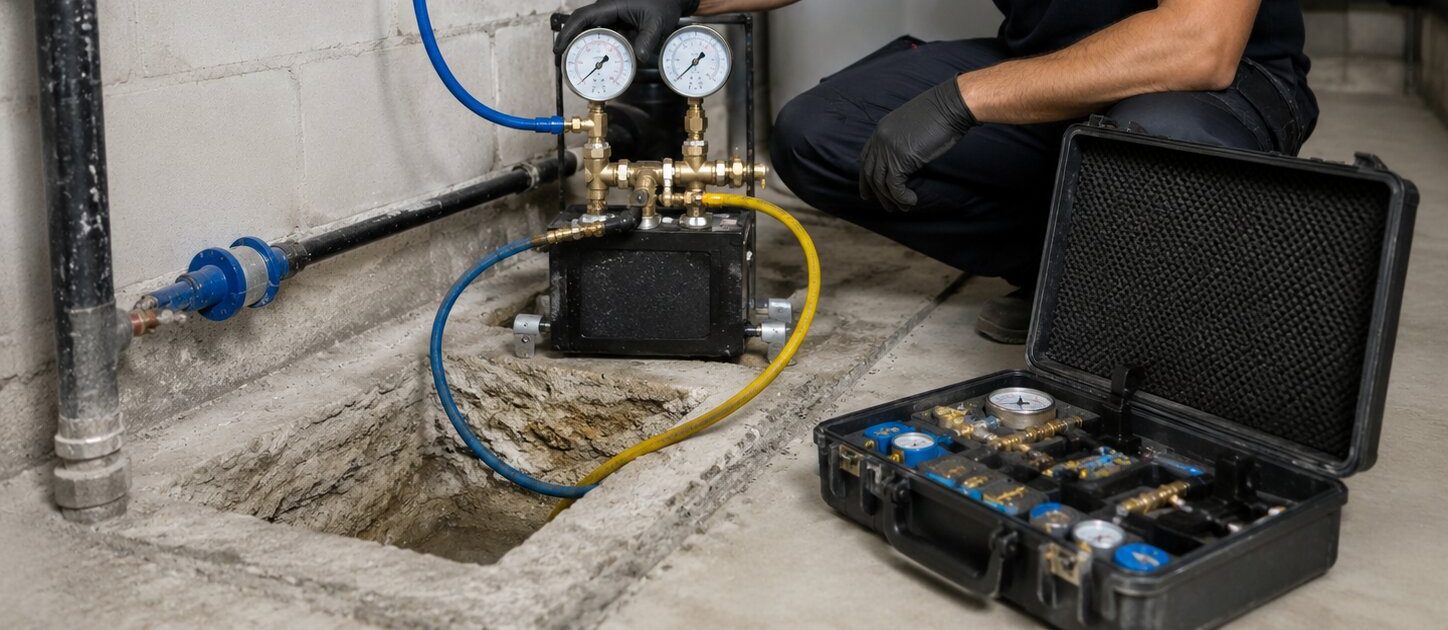 Pressure test gauges and test kit on a water supply line in Dubai