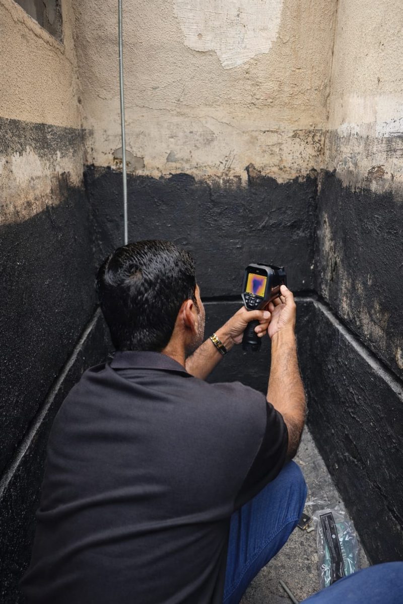Thermal imaging camera scanning for hidden moisture inside a Dubai water tank
